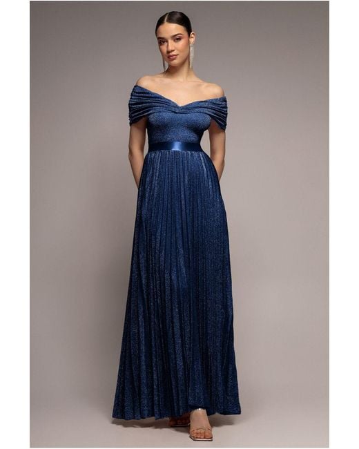 Goddiva Blue Bardot Pleated Skirt Maxi Dress