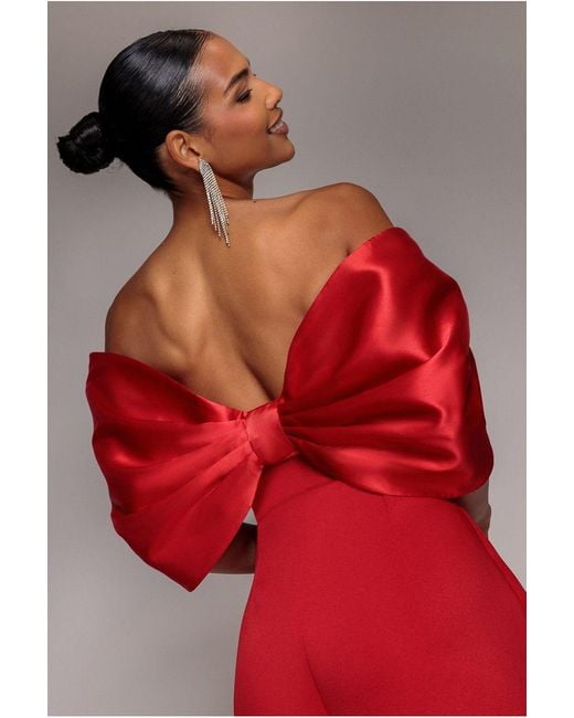 Goddiva Red Off Shoulder Back Satin Bow Scuba Mini Dress