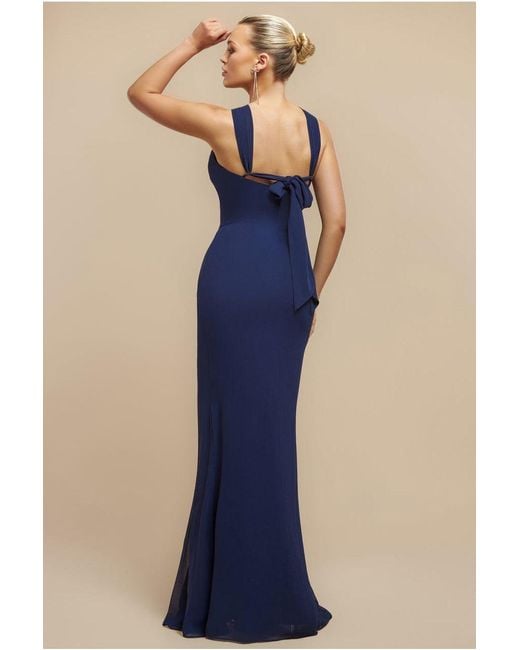 Goddiva Blue Halterneck Thigh Split Chiffon Maxi Dress