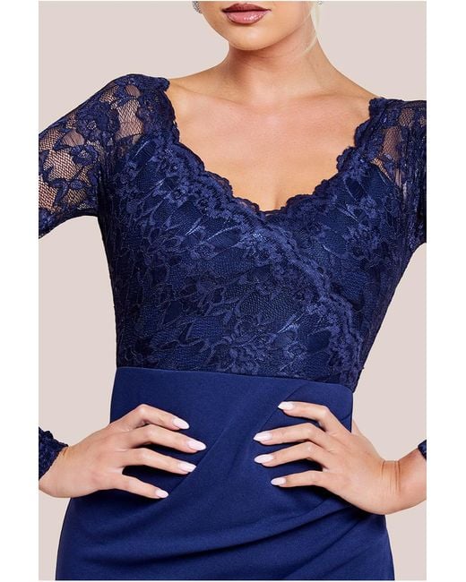 Goddiva Blue Scalloped Lace & Scuba Maxi Dress