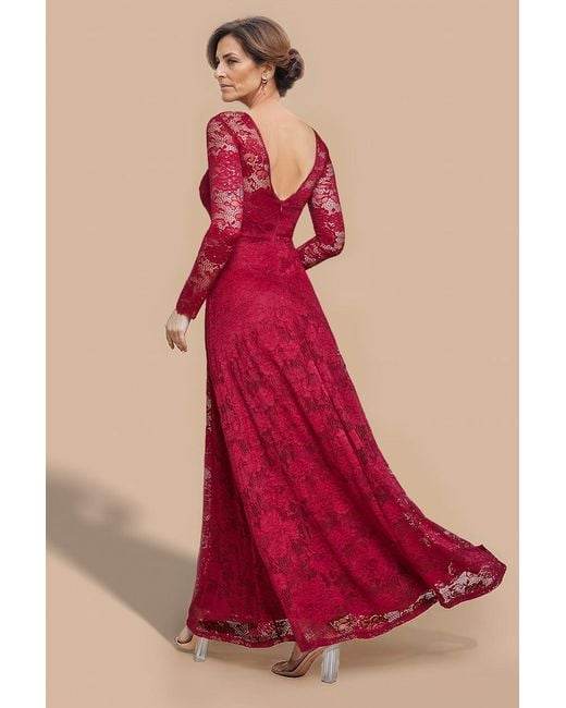 Goddiva Red Scalloped Lace A-Line Maxi Dress