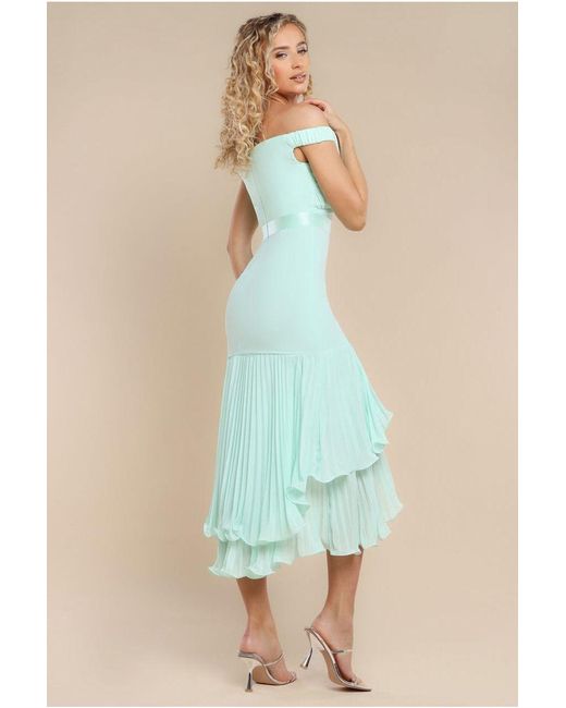 Goddiva Blue Pleated Bardot High Low Tier Chiffon Midaxi Dress