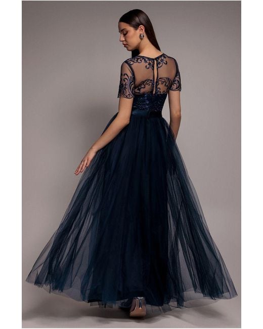 Goddiva Blue Embroidered Mesh Maxi Dress
