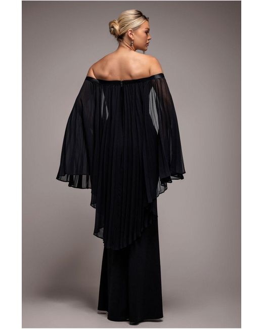 Goddiva Black Strapless Maxi Dress With Pleated Chiffon Cape