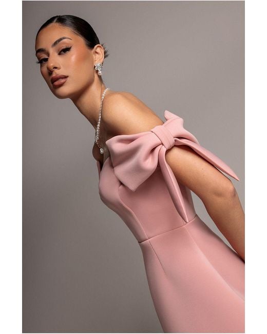Goddiva Gray Bardot Plunge Neck Bow Sleeve Skater Mini Dress