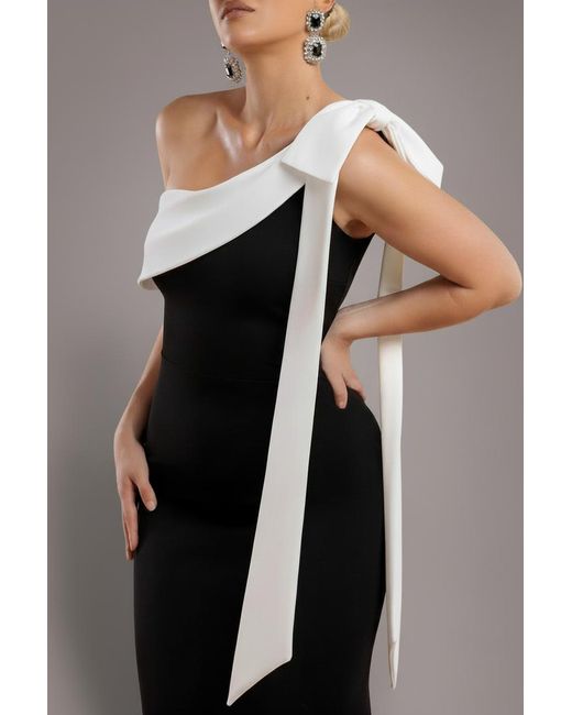 Goddiva Blue One Shoulder Contrast Bow Maxi Dress