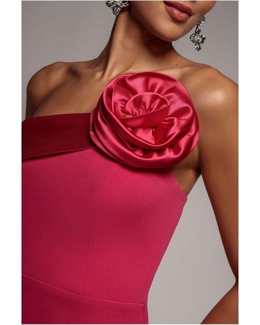 Goddiva Pink Satin Corsage Scuba Crepe Midi Dress