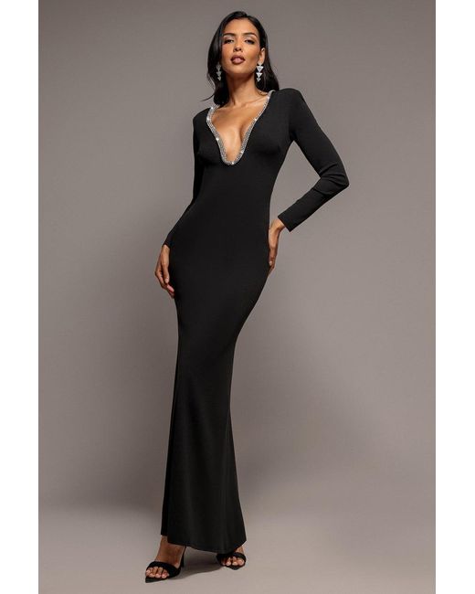 Goddiva Blue Diamante Embellished Neck Bodycon Maxi Dress