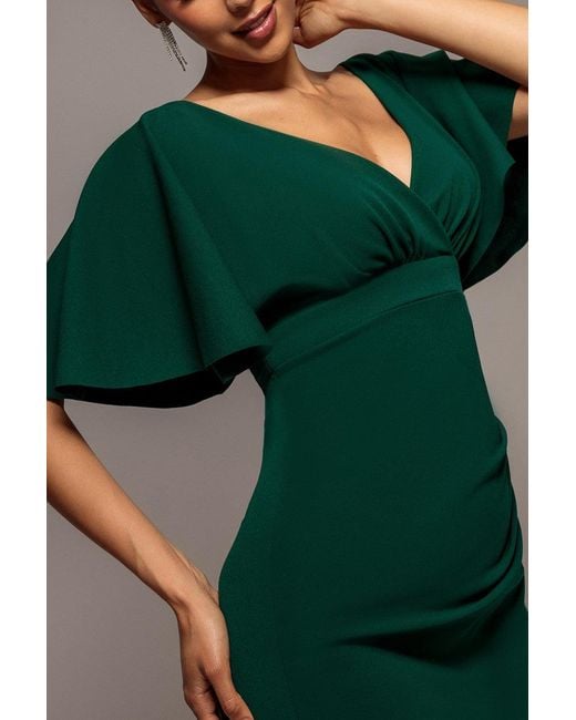 Goddiva Green Flutter Sleeve Wrap Midi Dress