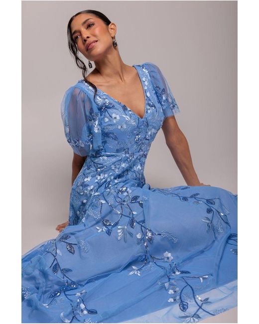 Goddiva Blue Flared Sleeve Embroidered Maxi Dress