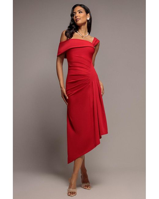 Goddiva Red Off Shoulder Pleated Waist Asymmetric Midaxi Dress