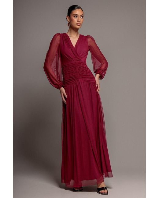 Goddiva Gathered Balloon Sleeve Mesh Maxi Dress