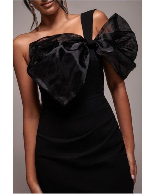Goddiva Blue Organza Bow One Shoulder Scuba Crepe Maxi Dress