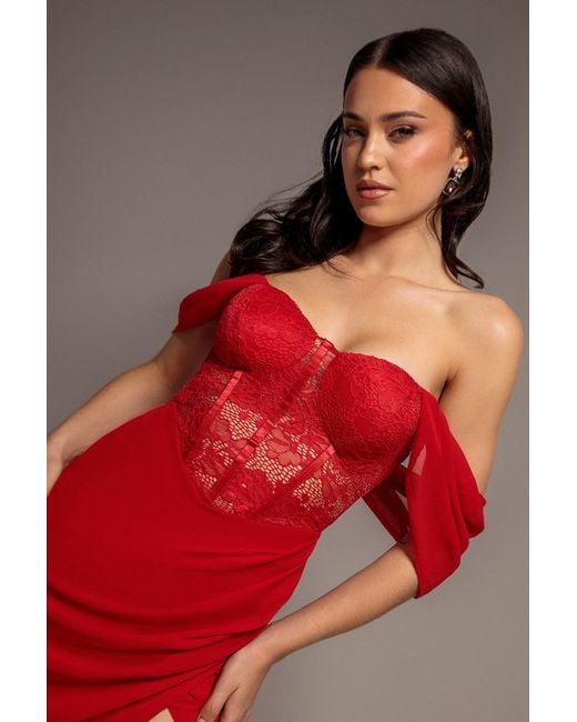 Goddiva Red Scalloped Lace & Chiffon Winged Corset Bodice Maxi Dress