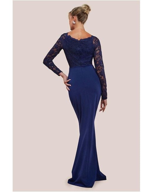 Goddiva Blue Scalloped Lace & Scuba Maxi Dress