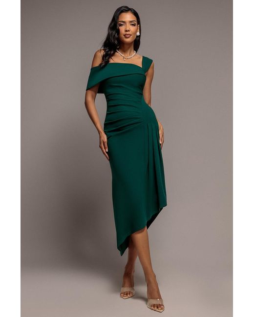 Goddiva Green Off Shoulder Pleated Waist Asymmetric Midaxi Dress