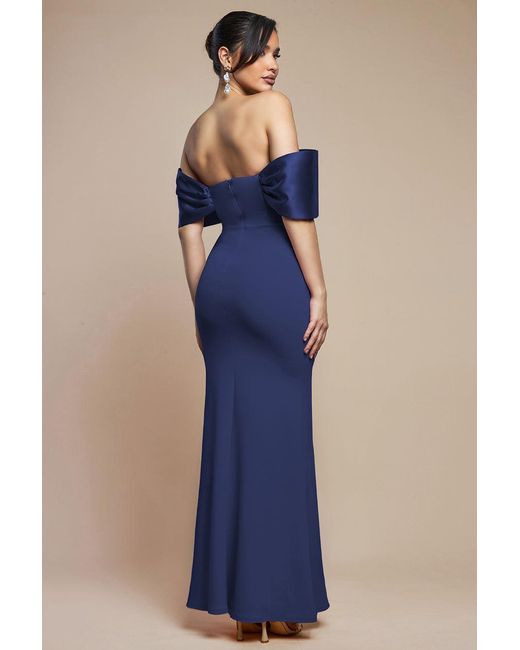 Goddiva Blue Twist Knot Satin & Scuba Bardot Maxi Dress