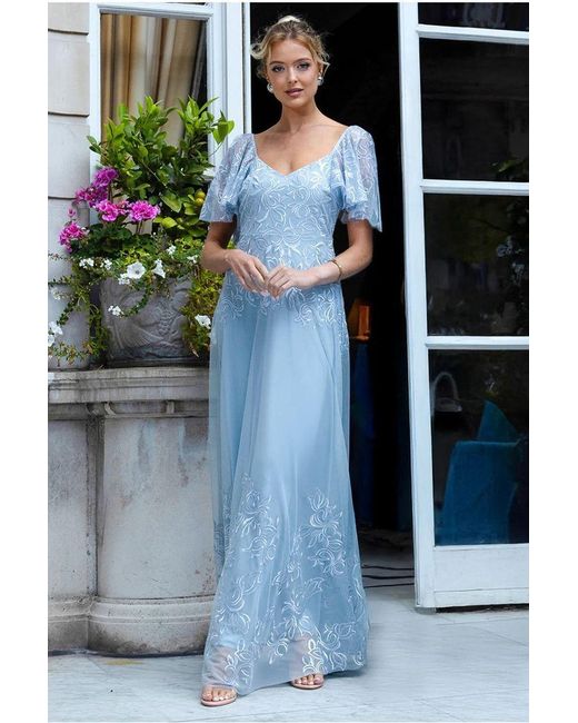 Goddiva Blue Lace Flutter Sleeve Embroidered Mesh A Line Maxi Dress