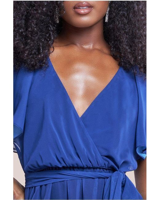 Goddiva Blue Chiffon Floral Border Print Midi Dress