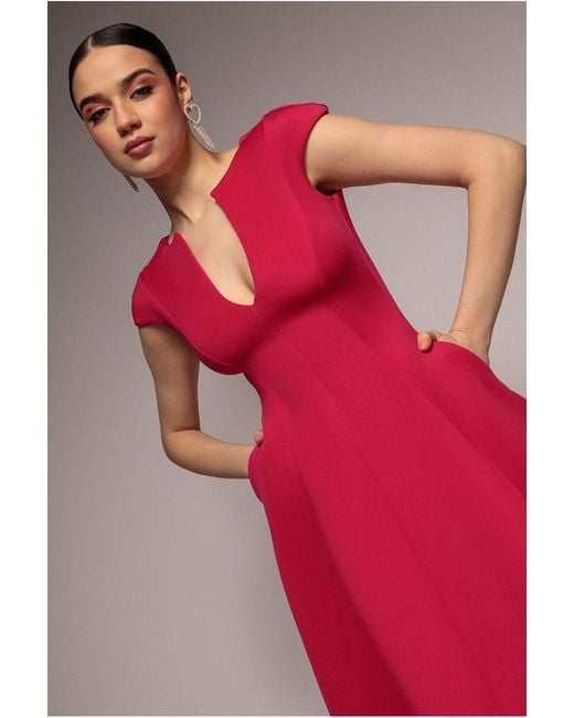 Goddiva Red Cap Sleeve Plunging V-Neckline A-Line Midi Dress