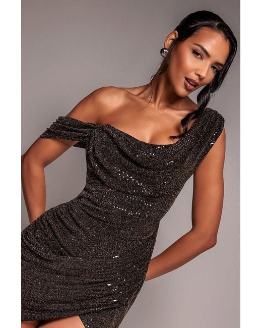 Goddiva Brown Cowl Neck Sequin Glitter Lurex Mini Dress
