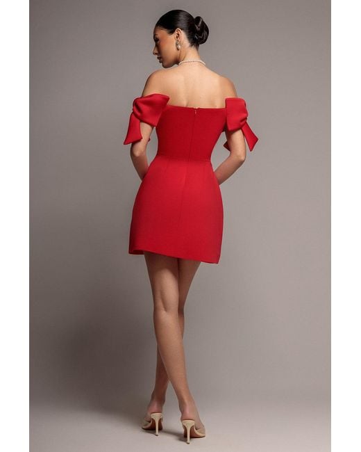 Goddiva Red Bardot Plunge Neck Bow Sleeve Skater Mini Dress