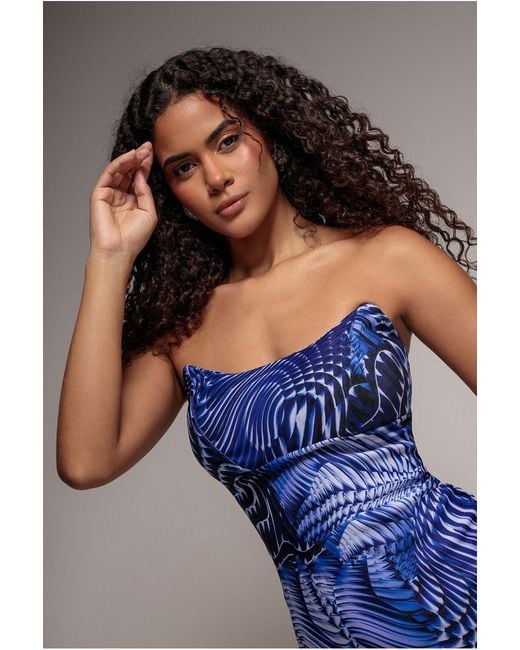 Goddiva Blue Abstract Bandeau Bodycon Midi Dress