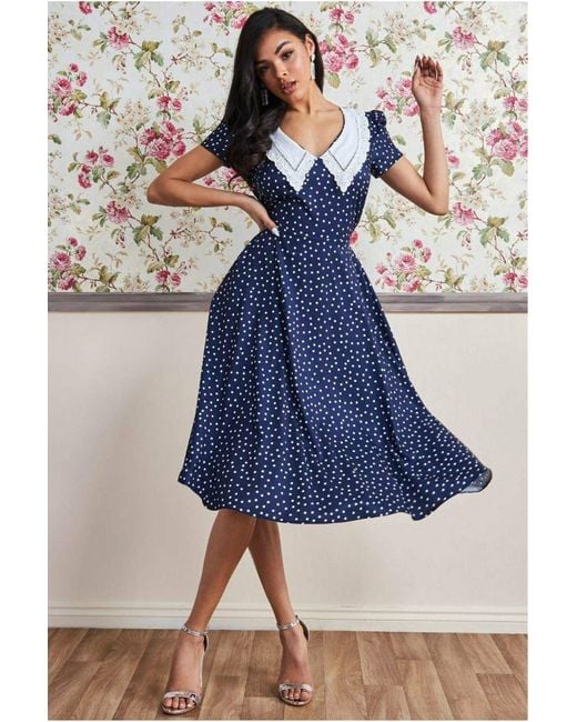 Goddiva Blue Printed Tea Dress With Collar