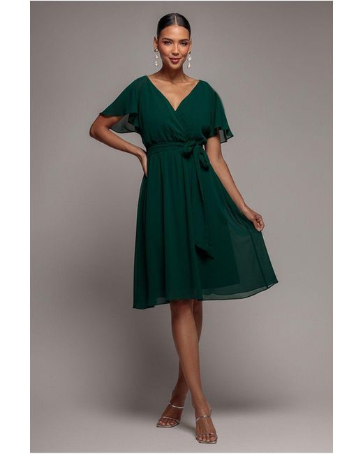 Goddiva Green Chiffon Flutter Sleeve Wrap Midi Dress