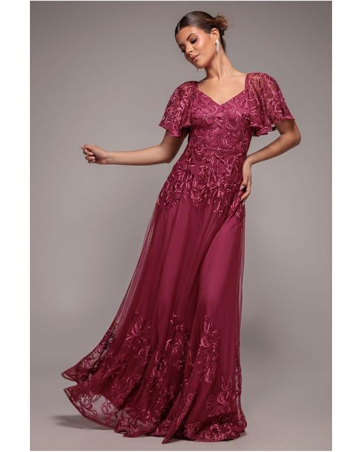 Goddiva Lace Flutter Sleeve Embroidered Mesh A Line Maxi Dress