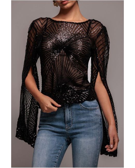 Goddiva Brown Sequin Starburst Cape Sleeve Top