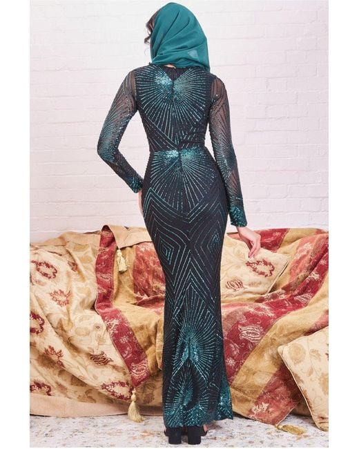 Goddiva Green Modesty Starburst Sequin Maxi Dress