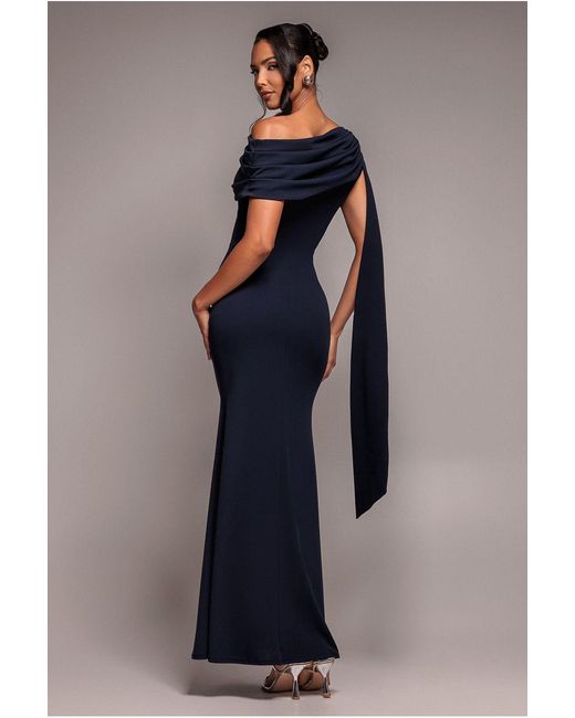Goddiva Blue Sash One Shoulder Bardot Maxi Dress