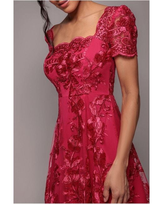 Goddiva Pink Scalloped Neck Embroidered Lace High Low Midi Dress
