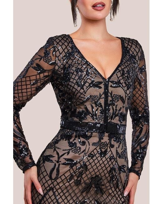 Goddiva Black Full Sleeve Sequin Evening Dress