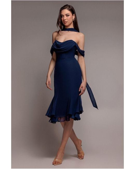 Goddiva Blue Chiffon Cowl Off Shoulder Wing Tiered Midi Dress