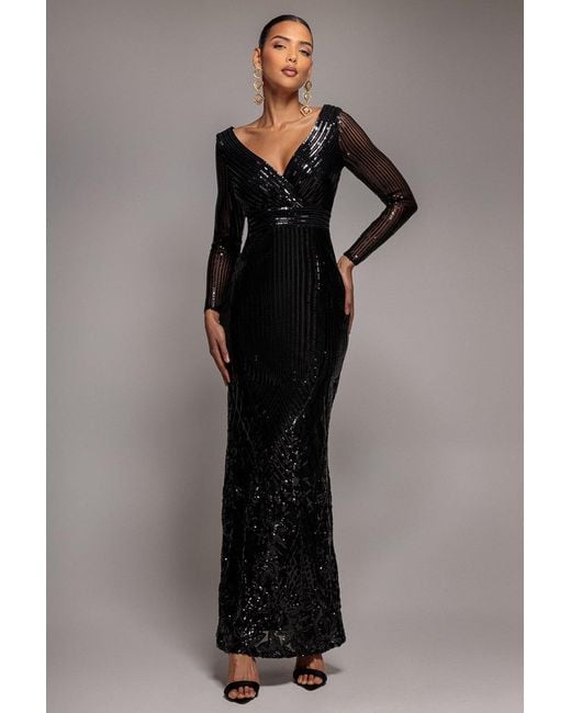 Goddiva Black Long Sleeve Sequin V Wrap Maxi Dress