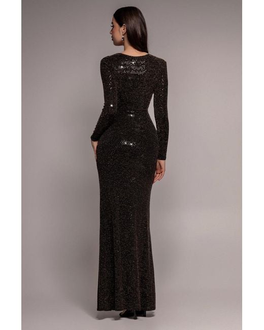 Goddiva Black Sequin Glitter Lurex Long Sleeve Wrap Maxi Dress