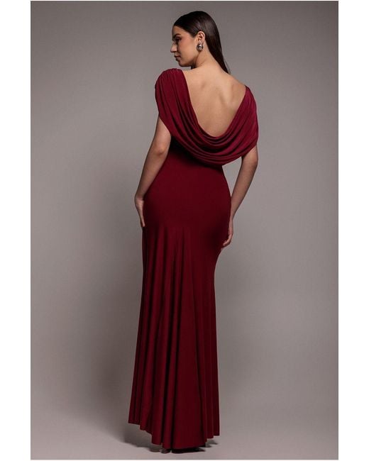 Goddiva Red Cowl Plunge Draped Mermaid Maxi Dress