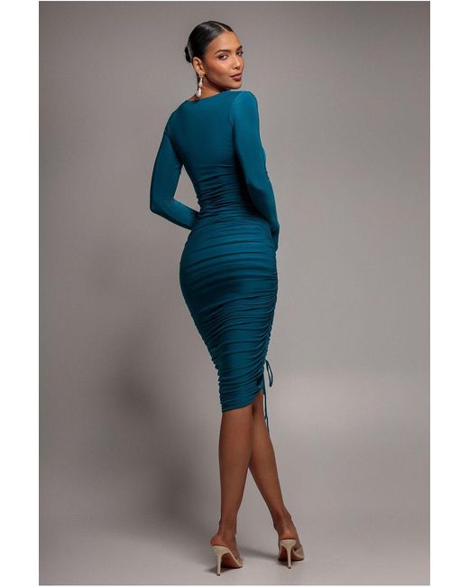 Goddiva Blue Asymmetrical Neck Ruched Midi Dress
