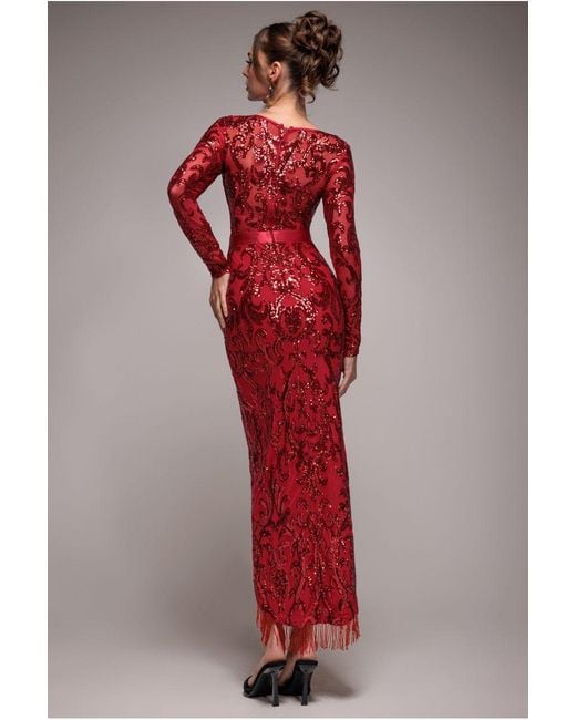 Goddiva Red Sequin Tassel Maxi Dress With Thigh Slit