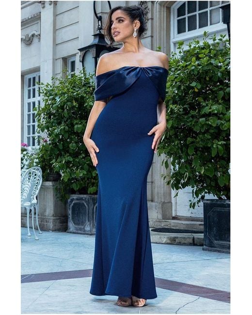 Goddiva Blue Twist Knot Satin & Scuba Bardot Maxi Dress