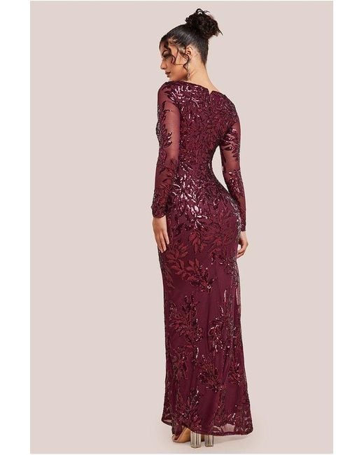 Goddiva Red Sequin Leaf Long Sleeve Maxi Dress