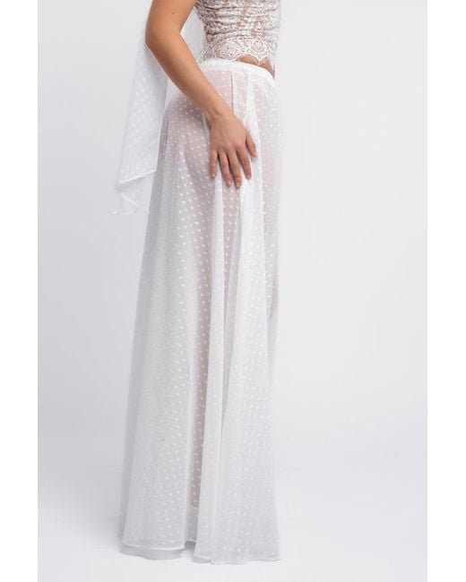 Goddiva White Embroidered Lace Corset Polka Dobby Chiffon A-Line Maxi Skirt With Scarf & Gloves