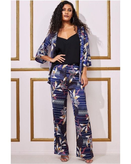 Goddiva Blue Printed Satin Wide Leg Trouser