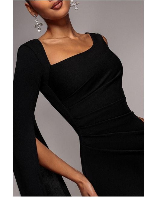 Goddiva Black One Shoulder Cape Sleeve Maxi Dress