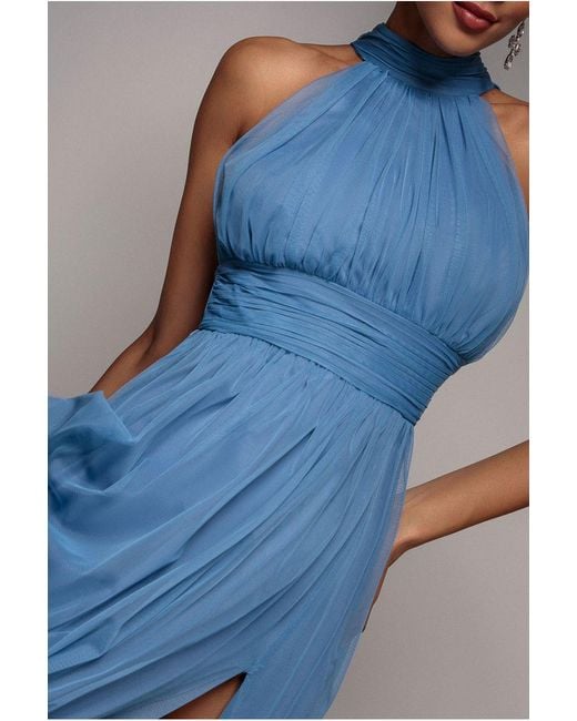 Goddiva Blue Halter Neck Mesh Tie Maxi Dress