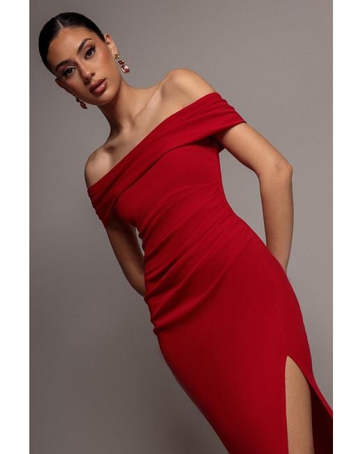 Goddiva Red Off The Shoulder Maxi Dress With Split