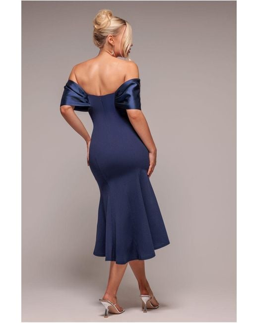Goddiva Blue Twist Knot Satin & Scuba Bardot High Low Midi Dress