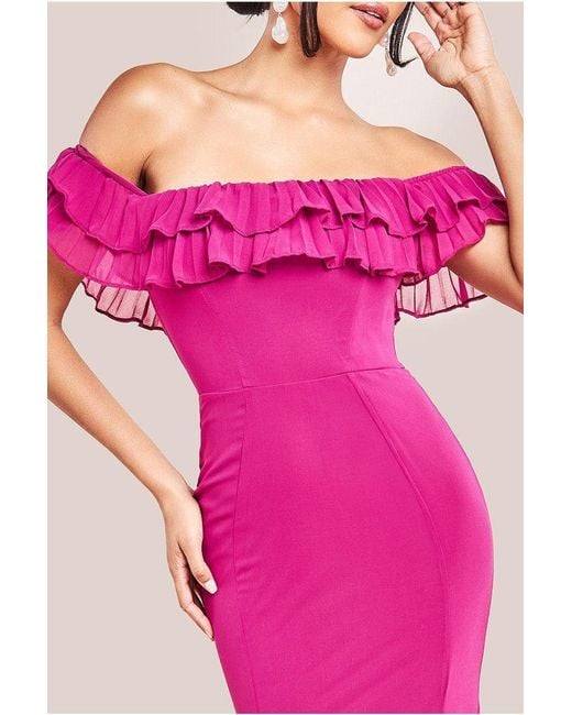 Goddiva Pink Frilled Off The Shoulder Pleated Chiffon Maxi Dress